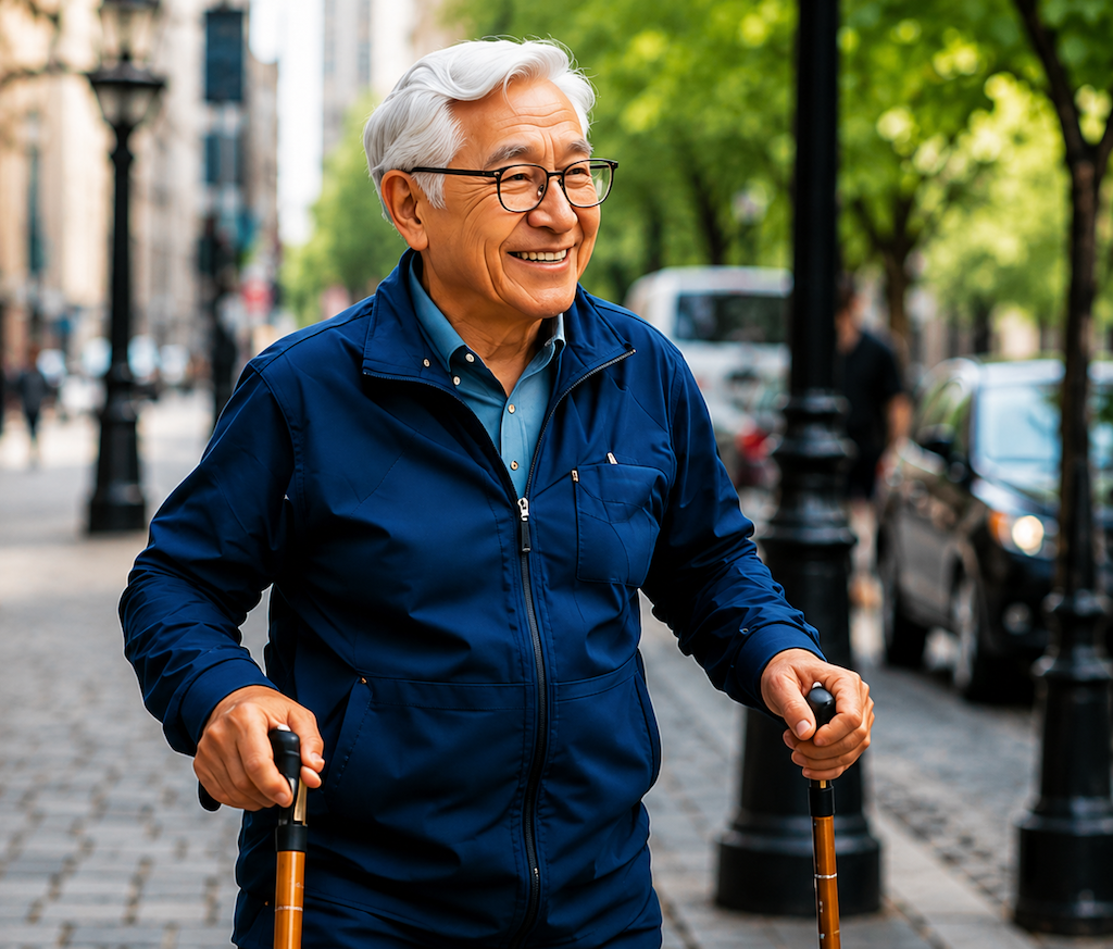 An older man walking outdoors with trekking poles