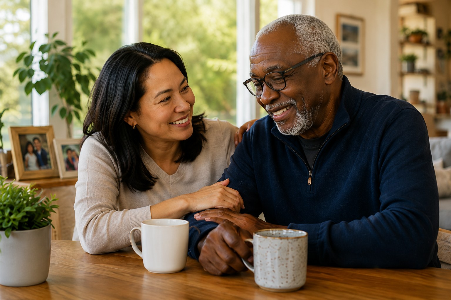 A caregiver and an older man smiling together over coffee at a sunlit kitchen table