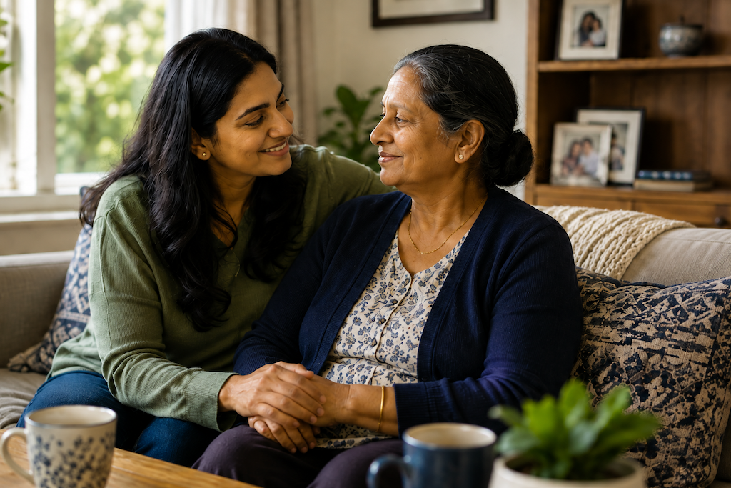 An adult daughter holding her mother's hands on a couch
