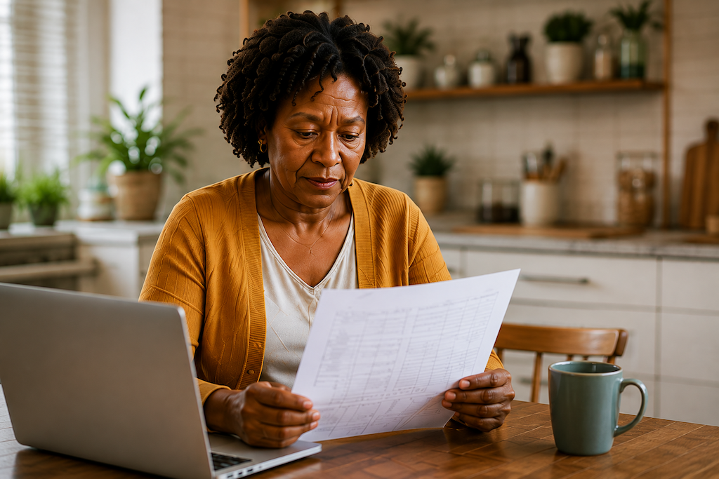 An older woman reviewing paperwork at her kitchen table