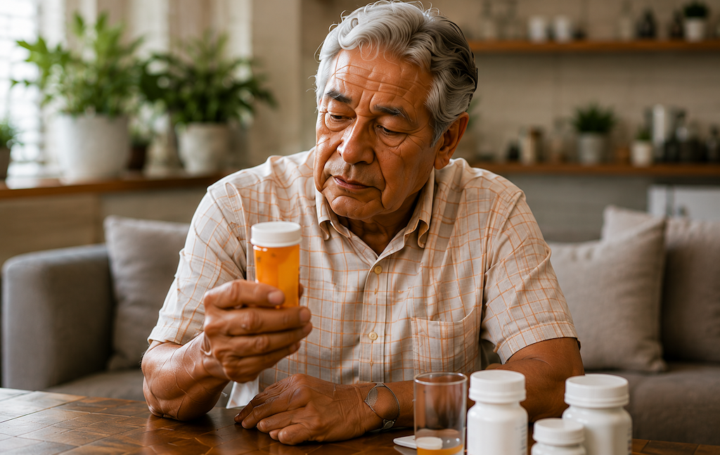 An older man looking at his medication bottles at home