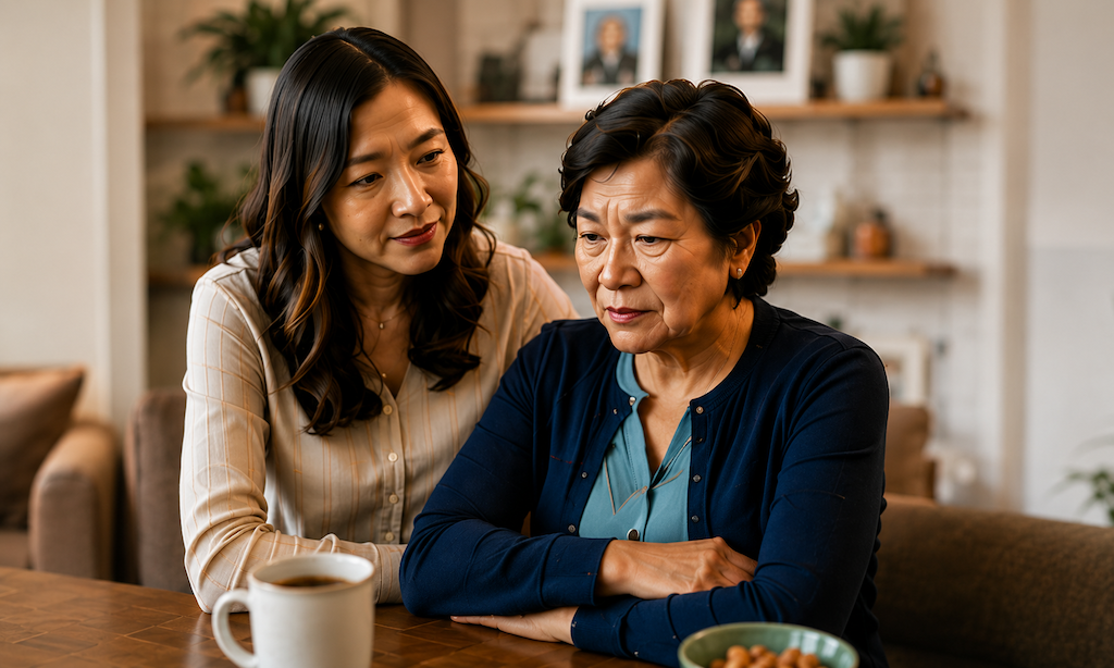 An adult daughter sitting beside her mother at a kitchen table