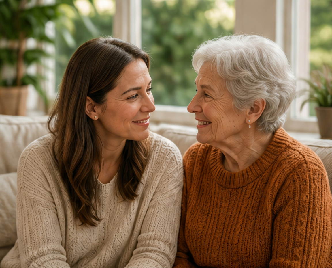 Caregiver and older woman smiling at each other on a couch